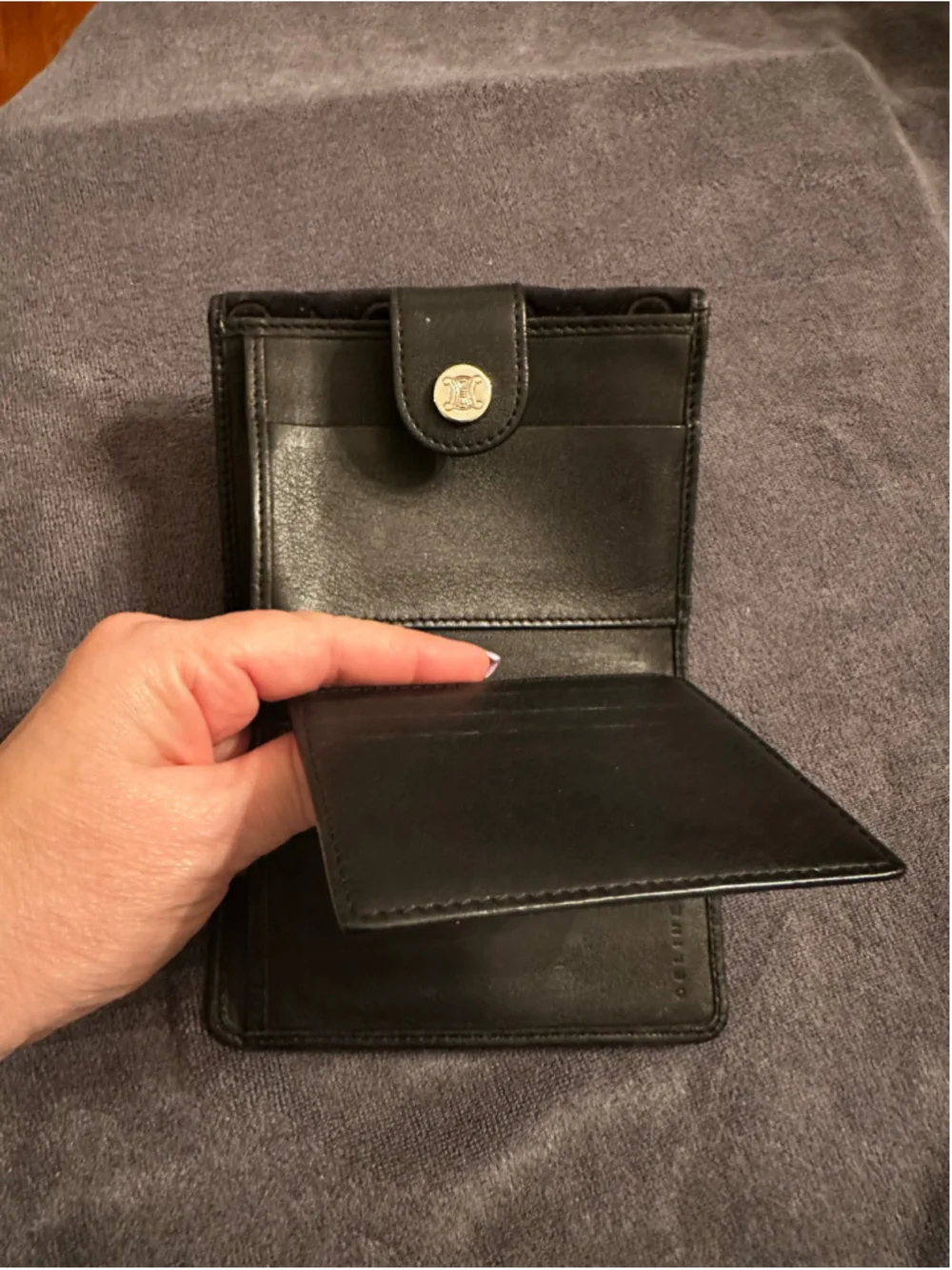Celine Black Velvet Triomphe Logo Wallet One Size